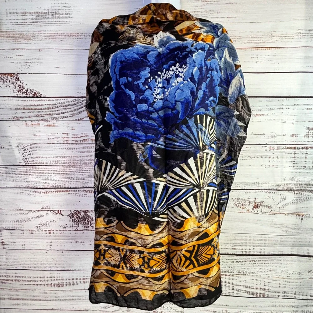 Bohemian Silk/Rayon Eclectic Scarf/Wrap‎ Chico's Floral Cobalt Blue Yellow Gold